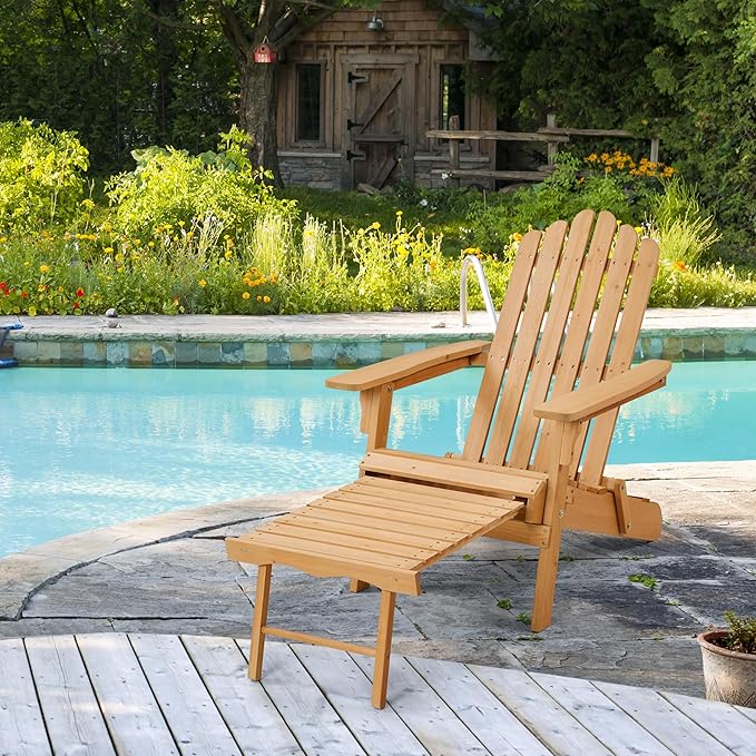 Yaheetech Folding Adirondack Chair with Retractable Ottoman Weight Capacity 300lb Solid Wood Garden Chair, Fire Pit Lounge Chairs Weather Resistant Furniture for Garden/Yard/Patio/Lawn, Brown