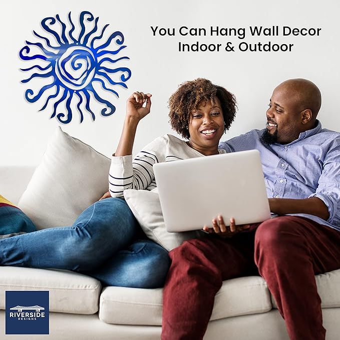 Riverside Designs Wacky Sun Metal Wall Art Indoor/Outdoor Decor - 18" Blue Rust Proof Wall Sculpture - Made in USA - Ideal for Bedroom, Garden, Home, Patio and Farmhouse