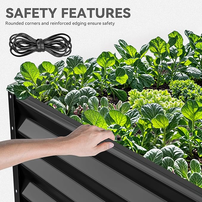 YITAHOME 96x48x18 in Galvanized Raised Garden Bed Kit, Large Metal Planter Box with Gloves, Safety Rubber & Support Rod, Outdoor Flower Bed for Plants Vegetables, Black