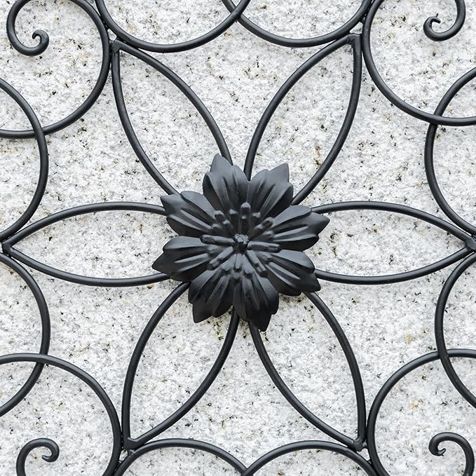 Glitzhome Black Metal Wall Art Decor, 23”H Floral Iron Wall Decor with Ornamental Scroll Design, Indoor Outdoor Wall Accent for Garden Porch Patio