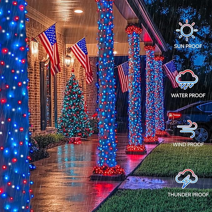 woohaha 2 Pack Red White and Blue Solar Lights,Total 400LED 144FT Patriotic Solar String Lights for Outside,Waterproof 4th of July Light for Independence Day,Garden,Tree,Fourth of July Decorations