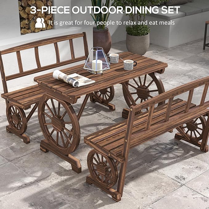 Outsunny Outdoor Table and Chairs for 4 People, Wooden Patio Table and Dining Bench Set, 3 Piece All Weather Furniture Set with Wagon Wheel Design for Backyard Garden, Deck, Carbonized