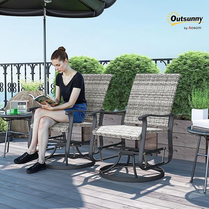 Outsunny Patio Glider Chair Set of 2, Wicker Rattan Outdoor Swivel Chair with Steel Frame, High Back, Armrests, Porch Glider with Adjustable Foot Pads for Garden, Lawn, Backyard, Yellow