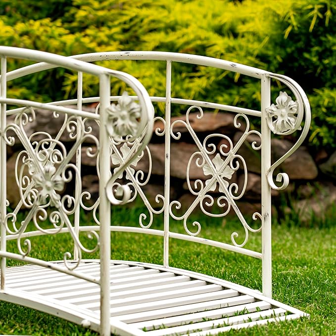 Zaer Ltd. Decorative Iron Garden Bridge, 40.5 x 22 x 22 inches, Antique Bronze or White, Floral Design (Antique White)
