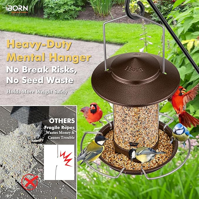 iBorn Bird Feeder Metal Squirrel Chew-Proof Bird Feeders for Outdoors Hanging Outside for Cardinal, Holds 1.5LB Seed with 3 Perchs, Brushed Coffee (Seed is not Included)