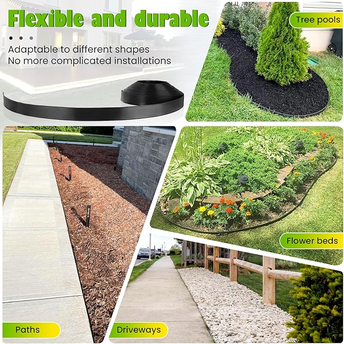 Landscape Edging 2 Inch Tall 100 FT, Garden Edging Coil with 120pcs Spikes, Edging Border Coil for Landscaping, Flower Beds, Lawn, and Yard - Black
