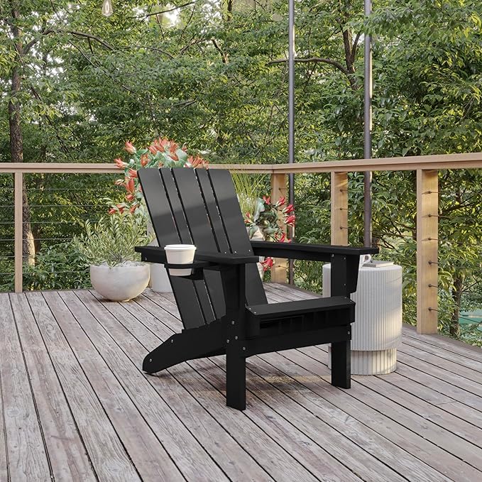 Flash Furniture Halifax Adirondack Chair with Cup Holder, Weather Resistant Poly Resin Adirondack Chair, Black