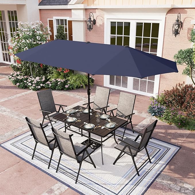 PHI VILLA 7 Piece Patio Dining Furniture Set with Umbrella, Outdoor Dining Set with Patio Table and Chairs Set, Adjustable Grey Folding Patio Chairs for Garden