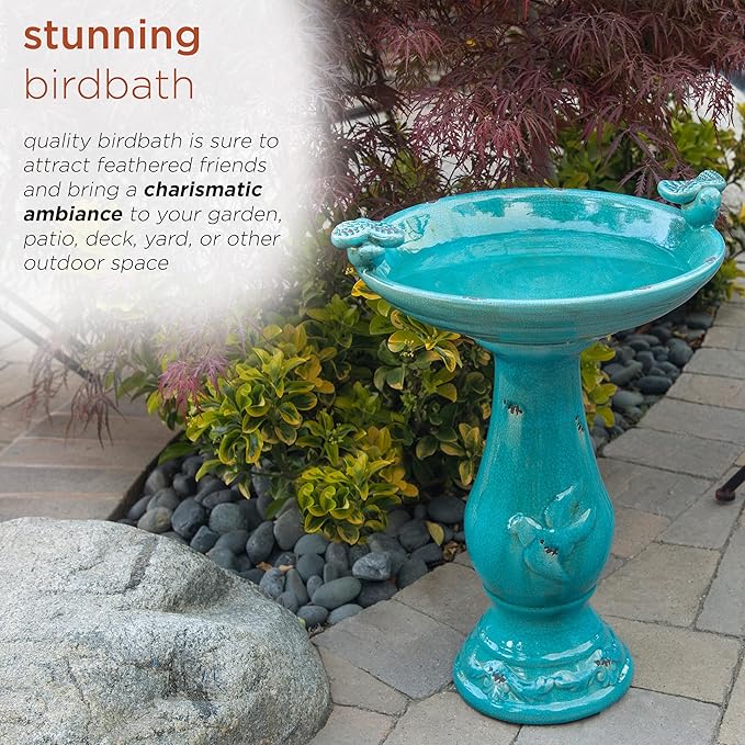 Alpine Corporation 25" Tall Outdoor Ceramic Antique Pedestal Birdbath with 2 Bird Figurines, Turquoise