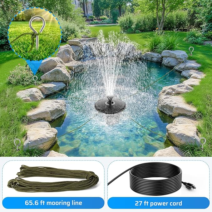 Anfraer Floating Pond Fountain with LED Lights, 660GPH RGB Floating Fountain with 3 Spray Modes, Pond Pump with 27FT Power Cord & 65.6FT Mooring Line for Pond Garden Fish Tank