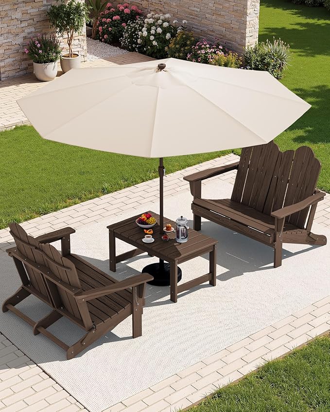 SERWALL 3 Pieces Patio Adirondack Bench Set, 2 Folding Adirondack Bench & 1 Coffee Table with Umbrella Hole Set for Front Porch Garden Balcony Backyard, Coffee