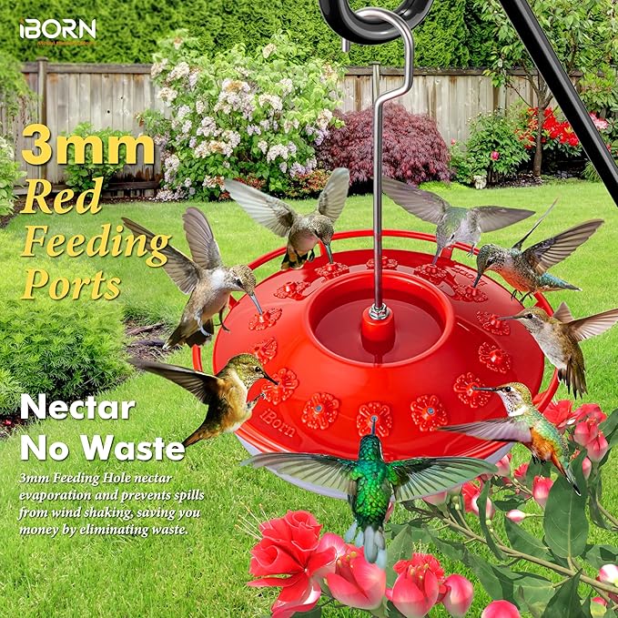 iBorn Hummingbird Feeders for Outdoors Hanging,Bee Proof Hummingbird Feeder with 14 Feeding Ports,13 OZ Saucer Humming Bird Feeders with Ant Moat,Ant Proof No Leak,Easy to Clean and Refill,2 Pack,Red