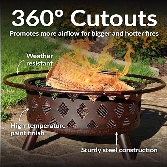 Sunnydaze Crossweave Outdoor Fire Pit - Wood-Burning Fire Pit for Outside with Spark Screen, Poker and Round Cover - 30-Inch - Bronze