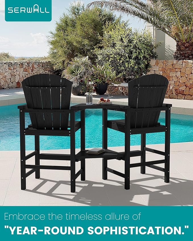 SERWALL Tall Adirondack Chairs Set of 2 with Double Layer Connecting Tray, HDPE Bar Height Outdoor Chairs, Wood-Like Adirondack Bar Stools for Patio, Balcony, Porch, Black