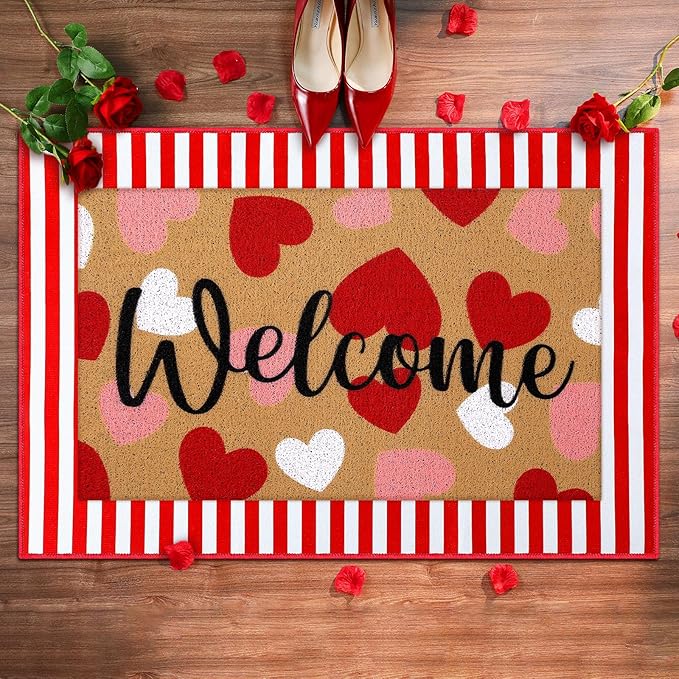 Tinideya 2 Pcs Valentine Door Mat Heart Welcome Outdoor Non Slip Coir Mats Red and White Stripe Floor Layering Doormats Seasonal for Front Porch Entryway Decor(Valentine Heart)