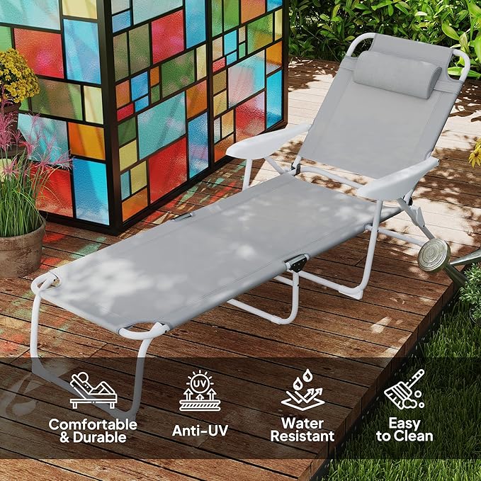 Outsunny Folding Lounge Chair, Portable Outdoor Chaise Lounge, Sun Tanning Chair with 4-Position Reclining Back, Armrests, Metal Frame and Mesh Fabric for Beach, Yard, Patio, Gray