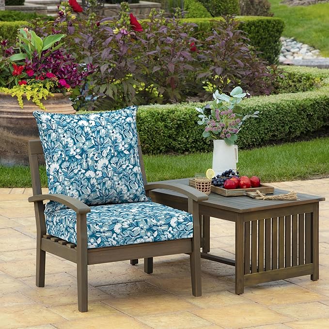 Arden Outdoor Foam Deep Seat Cushion Set, 24 in x 24 in, Weather-Proof, Rain-Proof, Fade Resistant Patio Cushion, Bottom and Back Cushion for Chair, Sofa, and Couch Aqua Blue Fusion Floral