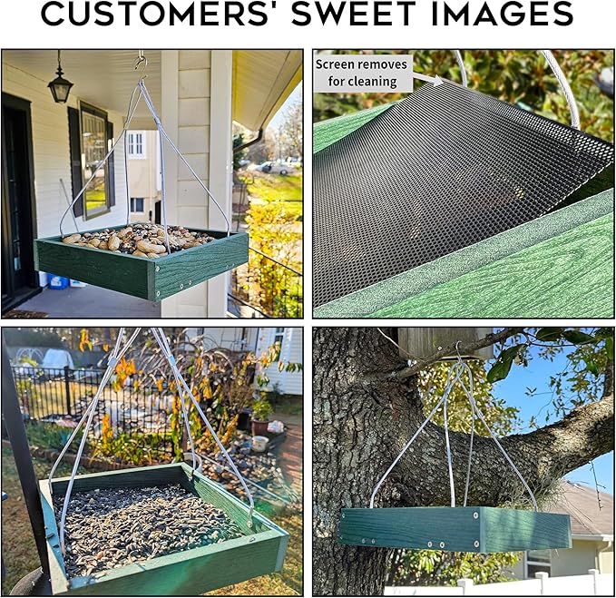Gtongoko WPC Composite Platform Bird Feeder Hanging, Large 3.5 lbs Capacity, Durable, Seed Tray Bird Feeder for Outdoors with Metal Mesh Bottom Weather-Resistant for Garden Yard, Green