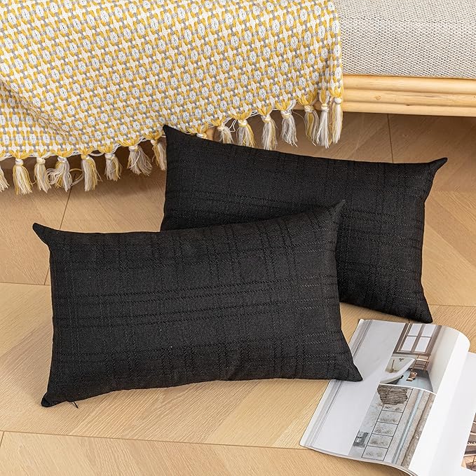 Kevin Textile Outdoor Waterproof Lumbar Pillow Covers 14x24 Inch Pack of 2 Checkered Decorative Rectangle Cushion Throw Pillowcases Shell for Patio Tent Garden Couch Bed Sofa Black