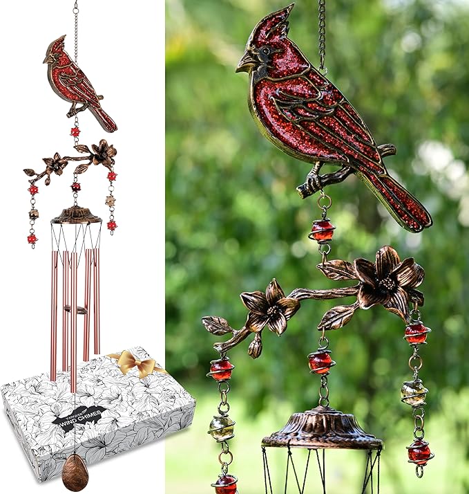Wind Chimes for Outside, Wind Chimes Outdoor Clearance, Soothing Tones Outdoors, Cardinal Wind Chime, Memorial, Sympathy Gift, Patio, Porch, Home Décor, Modern, Art Décor, Bronze (32" Cardinal)