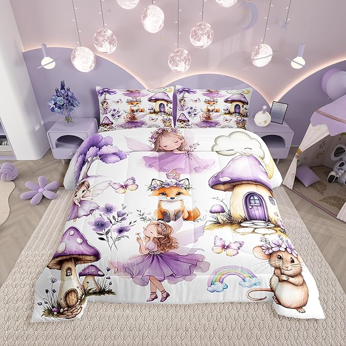 Erosebridal Purple Fairy King Bedding Set - Mushroom Floral Butterfly Comforter Set for Girls Kids, Whimsical Fairies Garden Quilt | Flower Forest Theme Bedroom Decor with 2 Pillowcases