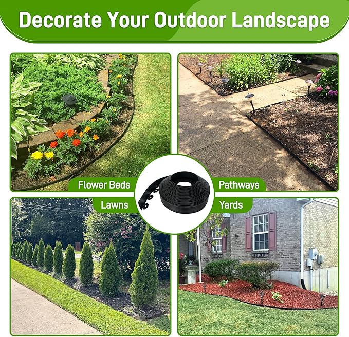3.15" x 100' No Dig Landscape Edging, Flexible Garden Edging Borders with 150 Anchoring Spikes, Plastic Lawn Edging for Landscaping Garden Flower Beds Grass Yard Paver Pathway, Black