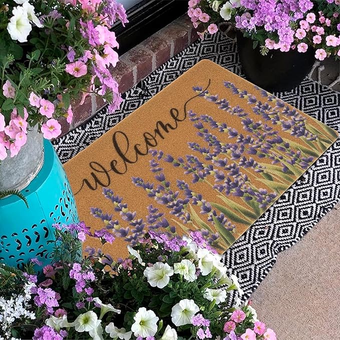 Lavender-Welcome-Doormat for Indoor Outdoor Entrance Floral-Spring-Summer-Door-Mats Non Slip Coir Seasonal Doormat 17 x 29 Inches