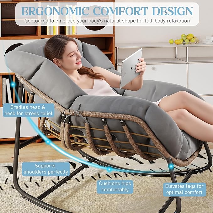 Fancyango Oversized Egg Rocking Chair for Indoor/Outdoor – All-Weather Wicker Rattan Lounge Chair with Cushion, Patio Rocker for Porch, Garden, or Balcony (Grey, 37''Dx37.4''Wx31.5''H)