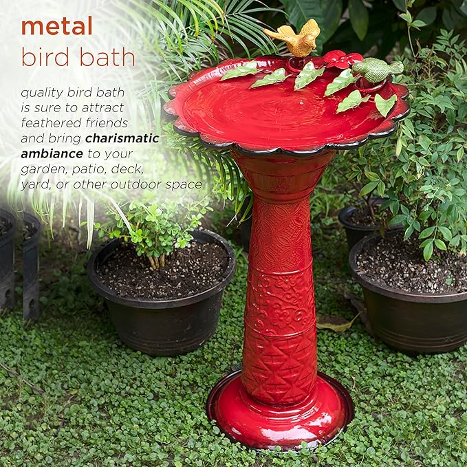 Alpine Corporation - 28" Tall Outdoor Metal Birdbath with Birds and Leaves Yard Statue Decoration, Red – Stunning Garden Accent to Attract Birds - Durable Construction for Patio, Deck, or Yard