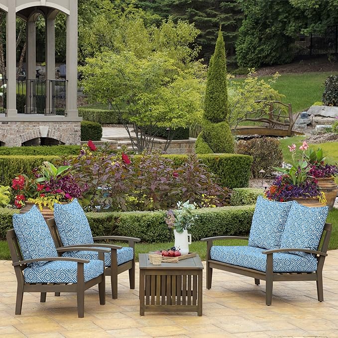Arden Outdoor Foam Deep Seat Cushion Set, 24 in x 24 in, Weather-Proof, Rain-Proof, Fade Resistant Patio Cushion, Bottom and Back Cushion for Chair, Sofa, and Couch Amalfi Blue Tile