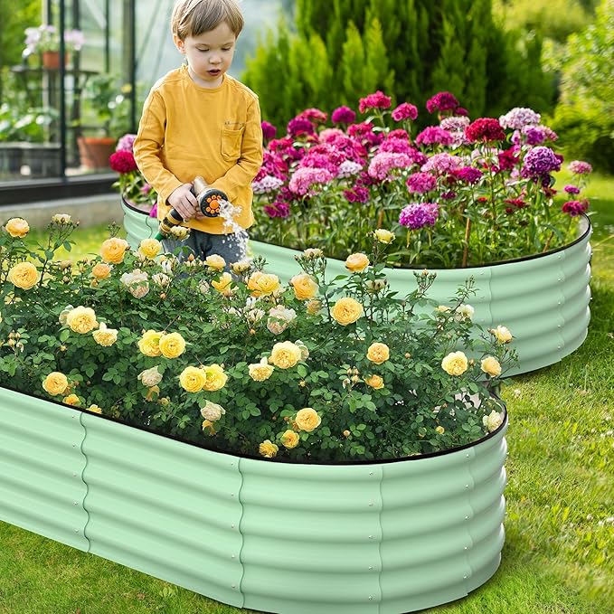 2 Pcs 6x3x1 ft Oval Galvanized Raised Garden Beds, Metal Planter Boxes with Open Base, Tool-Free Assembly for Vegetables, Flowers, Herbs - Outdoor & Patio Use, Green