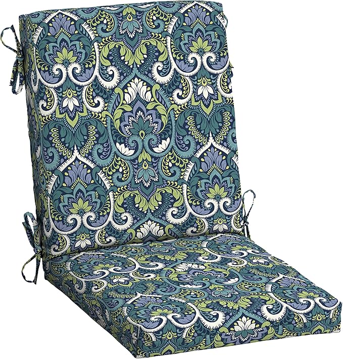 Arden Outdoor Patio Dining Chair Cushion, 20x44, Rain-Proof Seat Pad, Fade-Resistant Outdoor Cushion Sapphire Aurora Blue Damask