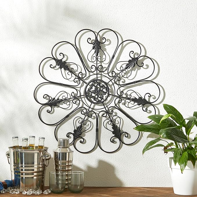 Glitzhome Traditional Iron Scroll Wall Decor, Outdoor Metal Wall Art Scroll-Work with Sturdy Powder-Coated Matte Black Finish Garden Wall Art, Black, 23.75" D