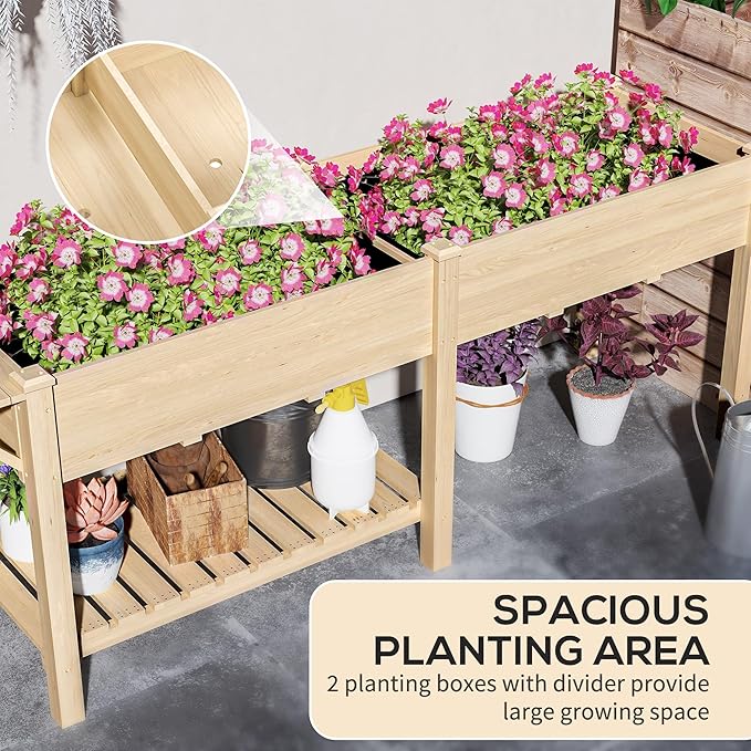 Outsunny Raised Garden Bed, Wood Elevated Planter Box with Side Table, Bottom Shelf, Outdoor Raised Planter with Bed Liners, Drainage Holes for Vegetable Flower, 81.5 x 23 x 31 in, Natural