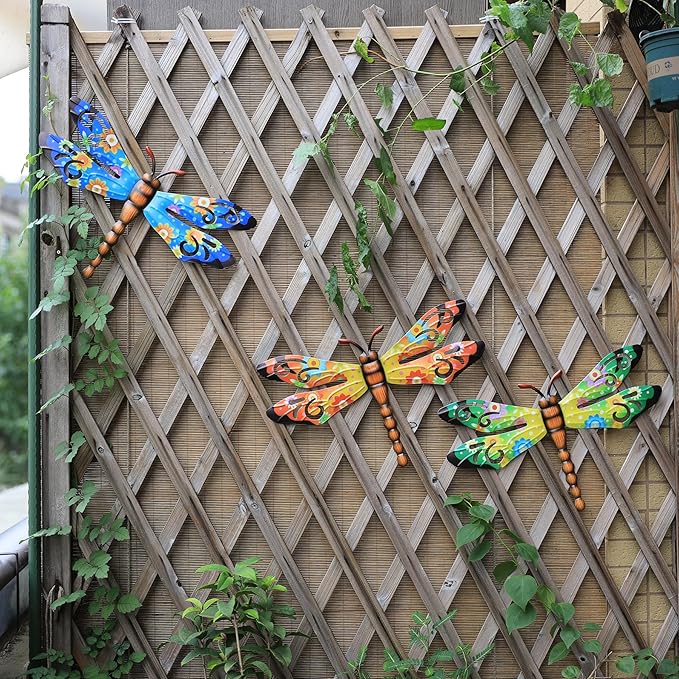 Scwhousi Metal Dragonfly Outdoor Wall Decor,Patio Fenxce Wall Art,Hanging Decorations for Living Room,Bedroom,3 Pack