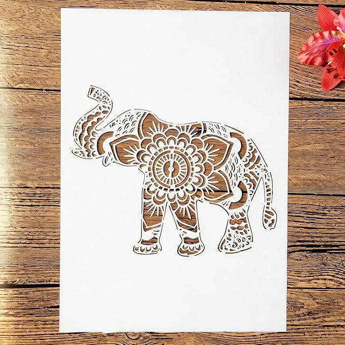 TIAMECH A4 Reusable Nose Up Elephant Stencil for Painting - Mandala Layering Template, DIY Wall Art, Wood Furniture, Scrapbook & Crafts (8.3x11.7inch)