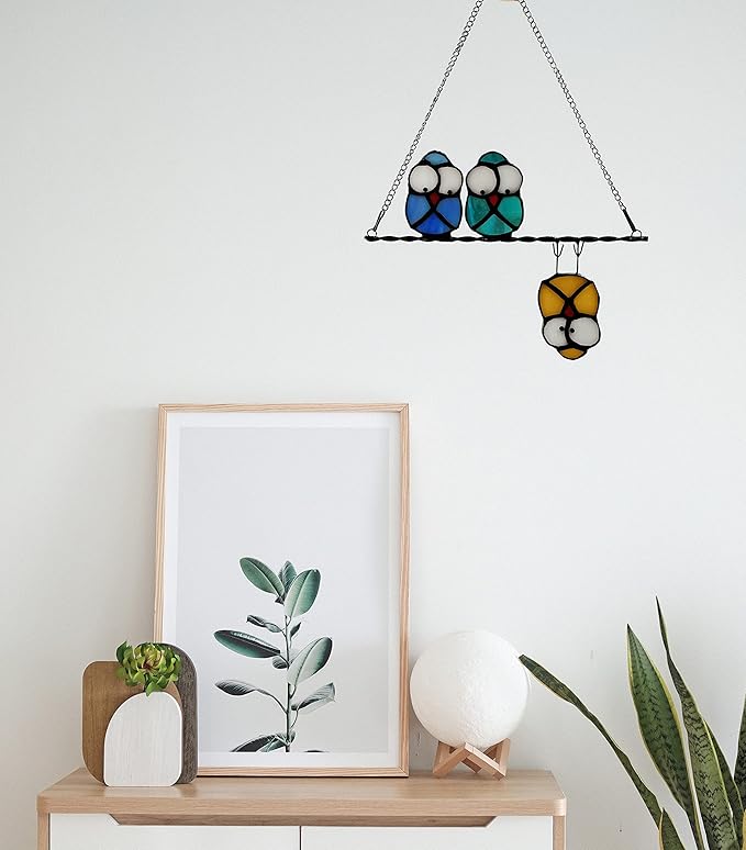 Multicolor Owl on a Wire Stained Glass Window Hanging, Bird Suncatcher for Windows Panels Hangings Hummingbird Ornament Decoration for Wall Home Garden Decor Bird Gift for Owl Lovers