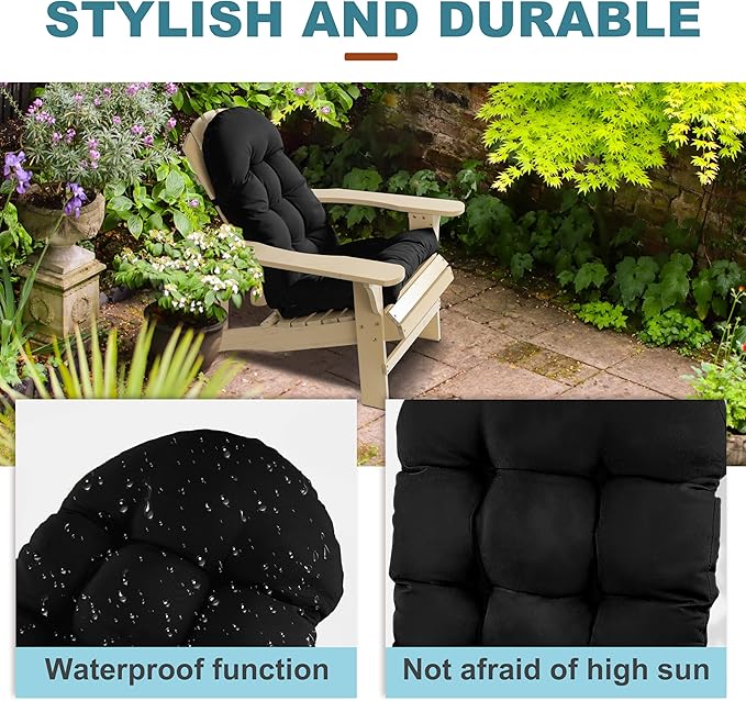 Adirondack Chair Cushion, Rocking Chair Cushion 44x19.4x4 inch, High Back Patio Cushions of Upper and Lower with Ties, Sunscreen and Fade-Resistant (Black, 2)