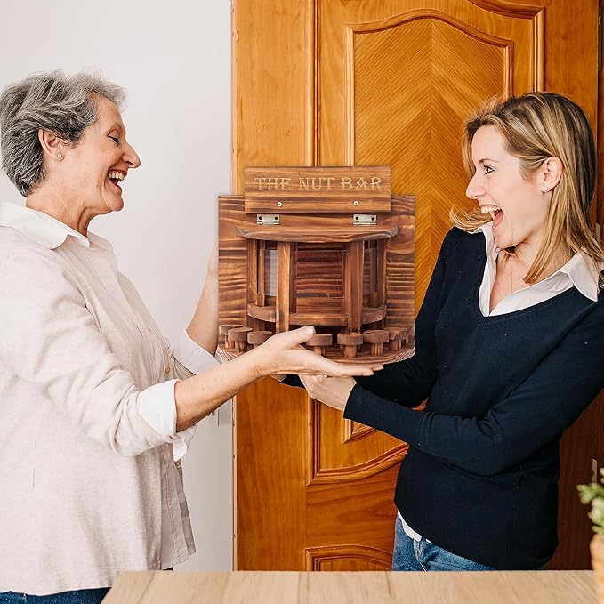 MIXUMON Crescent Squirrel Feeder Table, Wooden Squirrel Picnic Table Feeder, Outside Squirrel Feeders Corn Cob, with Solid Structure, Stable Squirrels Stool Bar, 12.6 x 13.3 x 6.7 Inches