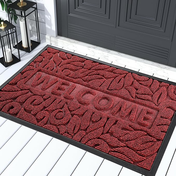 Yimobra Large Welcome Mat 36x24, Waterproof Non-Slip Outdoor Mats for Front Door Outside Entrance, Low-Profile Entryway Mat Indoor for Garage Patio, Wine Red