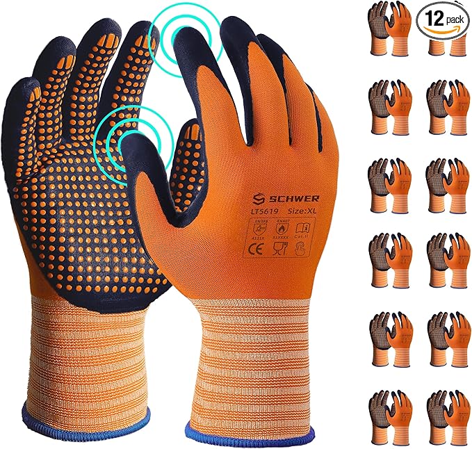 Schwer 12 Pairs LT5619 Work Gloves Micro-Foam Nitrile Coated, Level 4 Abrasion Resistant Nylon Working Gloves with Micro Dot Grip for Men Women, Touchscreen, for Automotive Electronic Assembly, XL