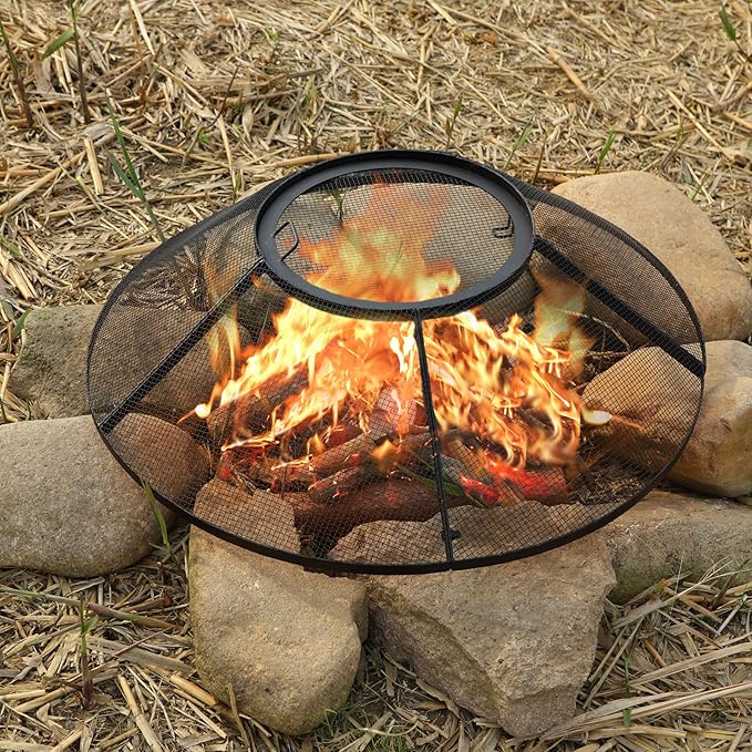REDCAMP Fire Pit Spark Screen 36 Inch Round with Removable Lid, Outdoor Heavy Duty Fire Pit Screen Mesh Firepit Screen Cover with Handle & Poker for Patio Backyard Beach