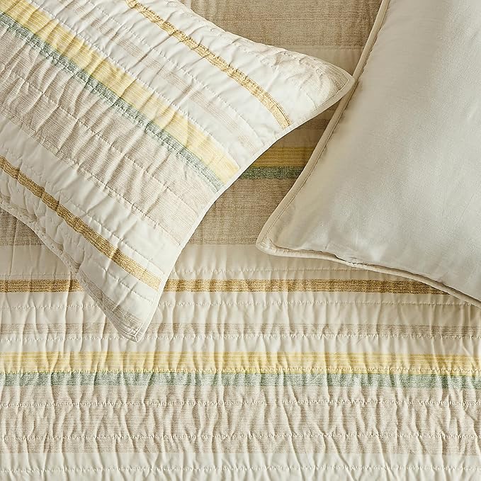 Wonderful 100% Cotton Quilt Set King Size Fall Bedding Set Natural Dyed, Cozy & Breathable Striped Coverlet, Soft Pre-Washed Bedspread with Shams (Light Yellow/Green Stripe)