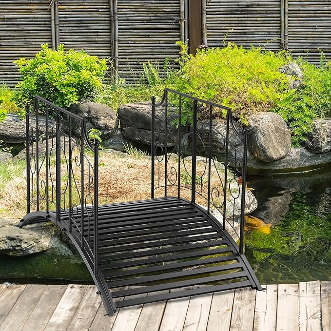 Outvita Metal Garden Bridge for Outdoor, Elegant Decorative Bridge with Powder-Coated Finish and Security Guardrail for Patio Pond Backyard Landscaping (Mirror)