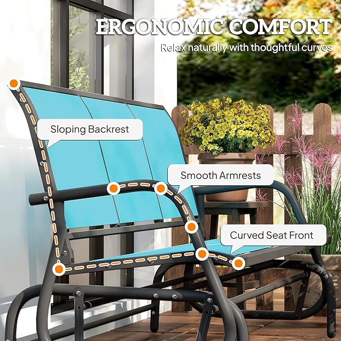 Outsunny 3-Person Patio Glider Bench, Outdoor Porch Glider Swing with 3 Seats, Breathable Mesh Fabric, Metal Frame, Blue