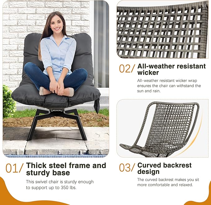 Shintenchi Outdoor Wicker Swivel Chair,Grey Rattan Patio Rotating Chair with Cushion,360° Rotation Patio Lounge Chairs for Living Room Bedroom Backyard Balcony(Grey Cushion)