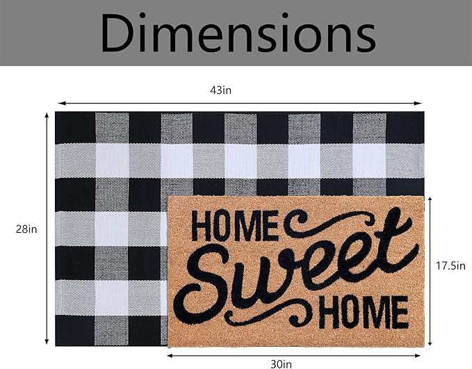 Home Sweet Home Doormat Set, 2-Piece Layered Front Porch Mat Combo, Natural Coir Welcome Mat with Black and White Buffalo Plaid Rug, Farmhouse Outdoor Entryway Decor for Porch, Patio, Home