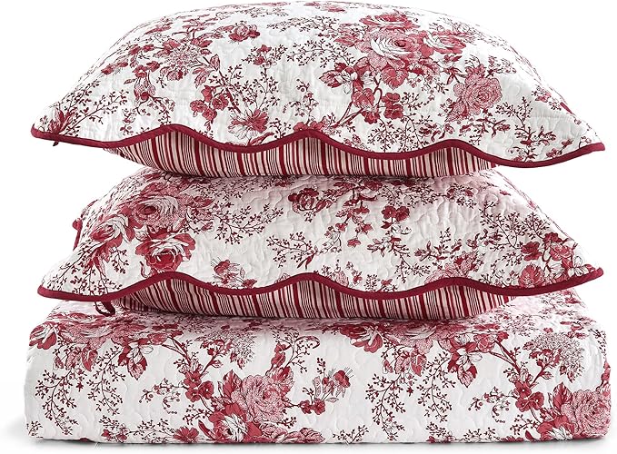 Wonderful 100% Cotton Red Floral Bedspread Set Full Size,Quilt Bedding Sets with Pillow Shams, 3 Pieces Botanical Coverlet Set, Quilted Blanket Bed Cover for All Season, 96"x110"