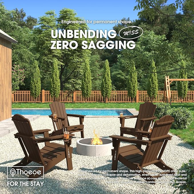 Folding Adirondack Chair Set of 8,HDPE All-Weather Outdoor Chair with Cup Holder,Wooden Textured,Fire Pit Chair,Plastic Patio Chair for Deck,Backyard,Garden,Lawn(Brown)