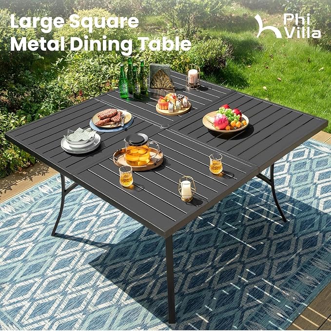 PHI VILLA 9 Pieces Outdoor Dining Set for 8, 60” Square Metal Wrought Iron Table & Swivel Steel Chairs with Cushions, Large Furniture Set for Outdoor Deck, Yard, Porch - Black
